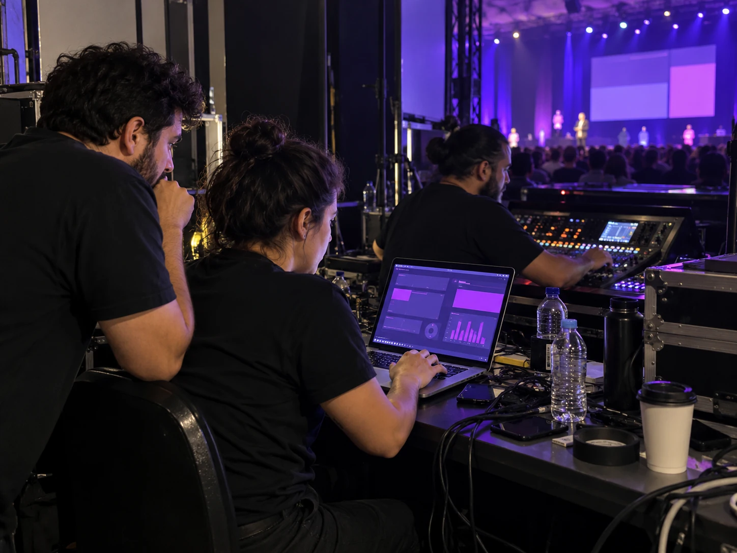 Cena ilustrativa da equipe acompanhando a operação junto à mesa de som.